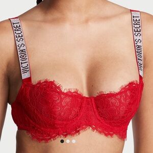 VS 38DD Logo Shine Strap Wicked Unlined Bra Floral Lace Uplift Red